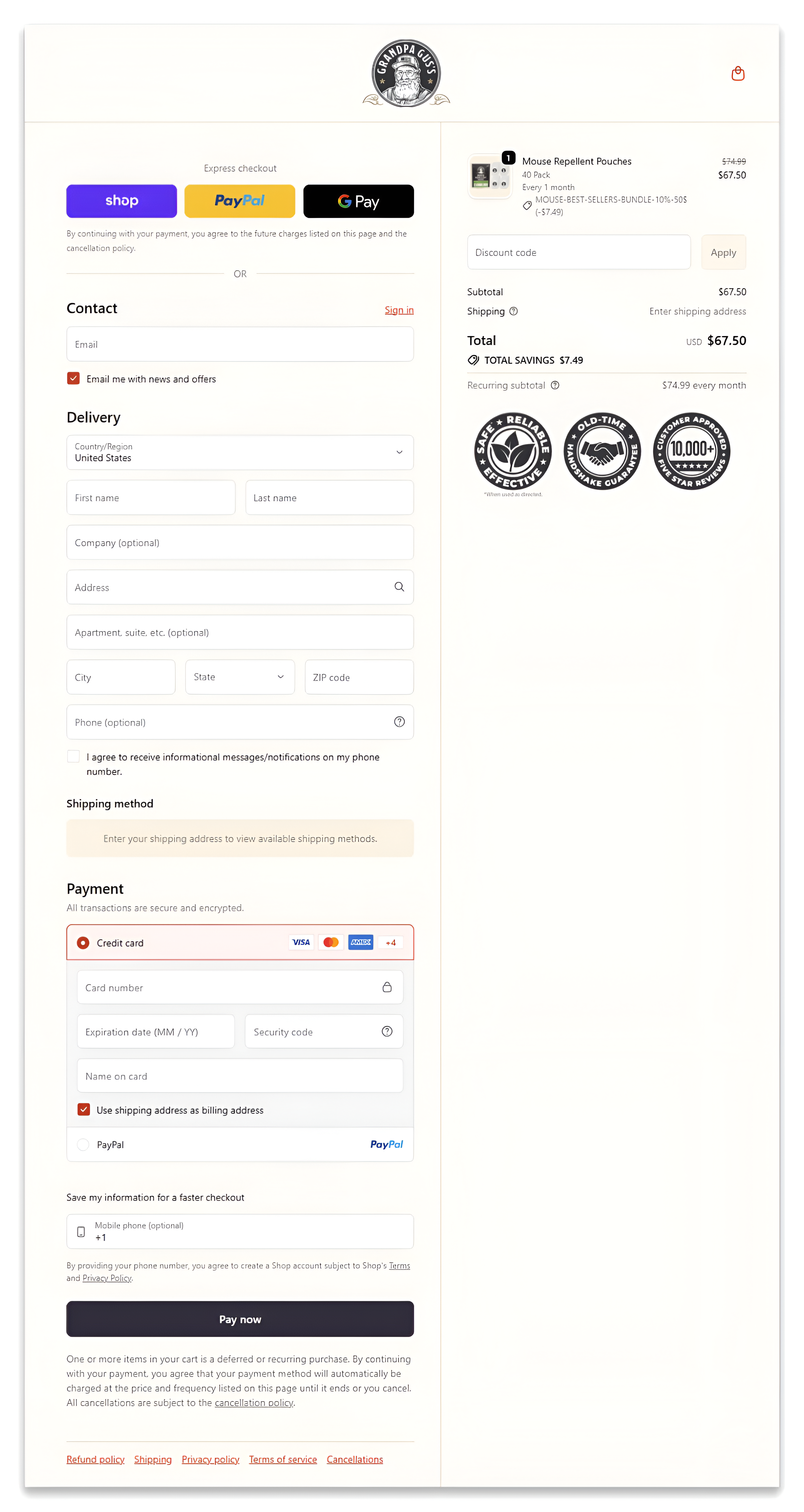 Grandpa Gus's Mouse Repellant checkout page.